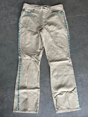 Lauren Ralph Lauren classic 5-pocket Beige Jeans w/besded Turquoise Embroidery